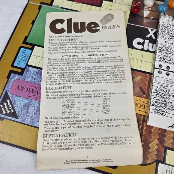 Vintage 1972 Clue Parker Brothers Detective Game Complete Original Contents - Picture 9 of 16